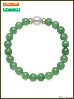 Natural Jade Freshwater Pearl Stretch Bracelet 14k Gold Rondelle Accent